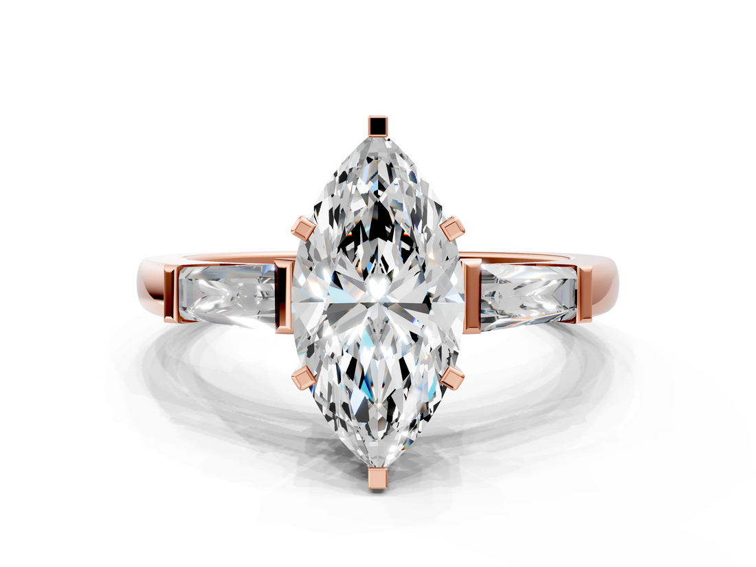 Rose gold Marquise Solitaire with Tapered Baguette Side Stones on a Classic Band with Four-Prong Setting_125