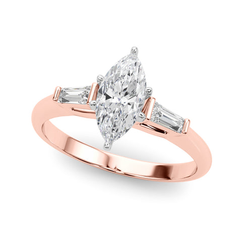 Rose gold Marquise Solitaire with Tapered Baguette Side Stones on a Classic Band with Four-Prong Setting