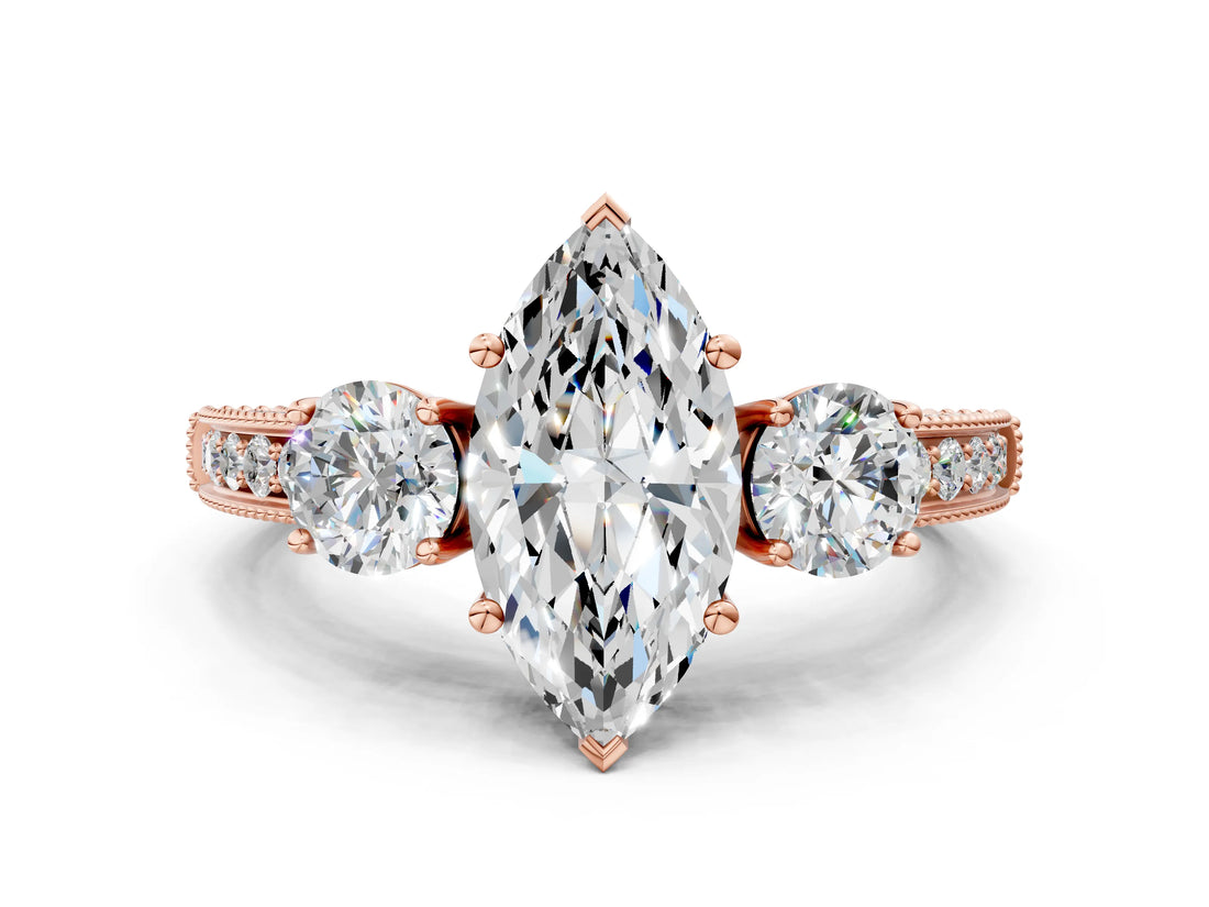 Rose gold Marquise Three-Stone Diamond Ring with Pavé Band and Four-Prong Setting_6