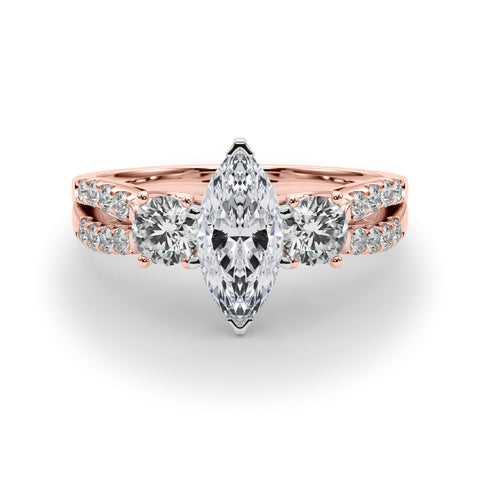 Rose gold Marquise Three-Stone Diamond Ring with Pavé Split Shank and Four-Prong Setting 1