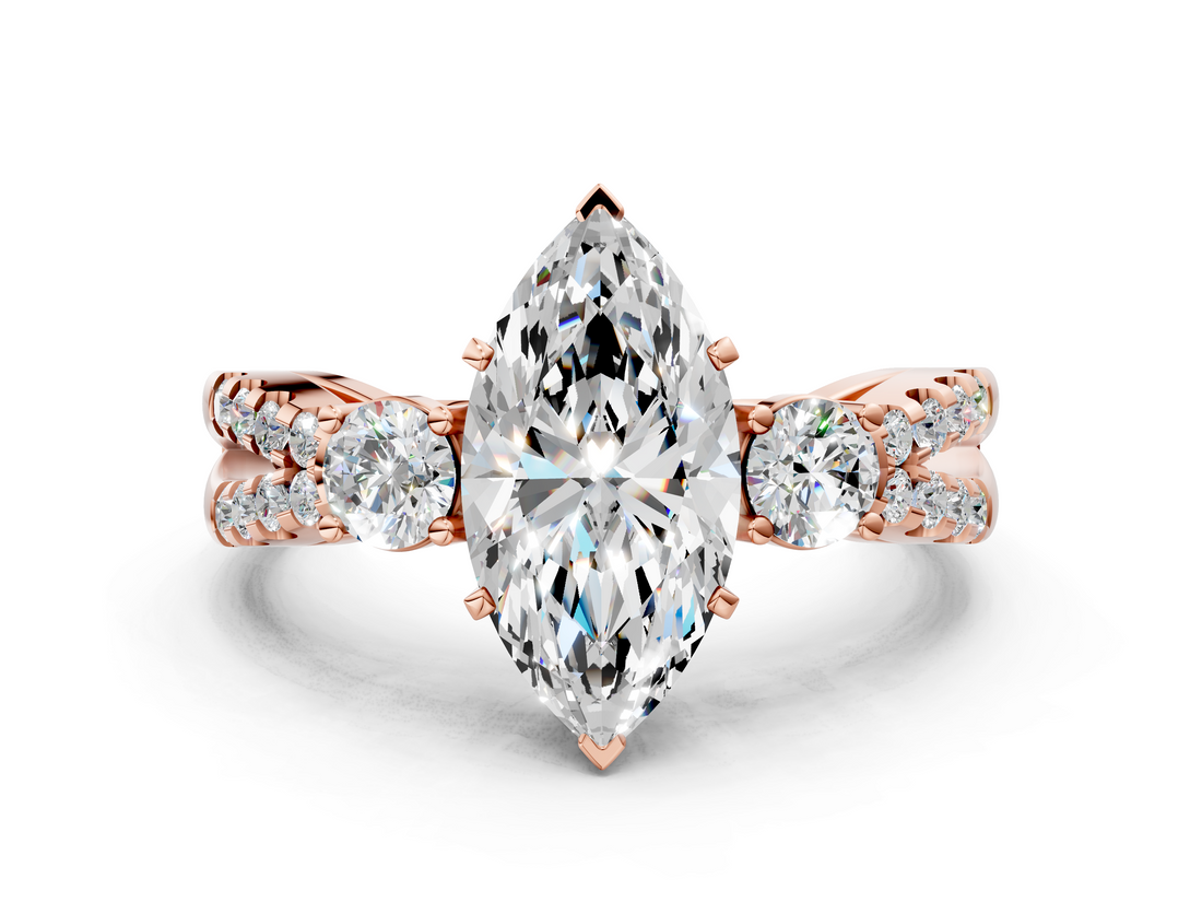 Rose gold Marquise Three-Stone Diamond Ring with Pavé Split Shank and Four-Prong Setting_105