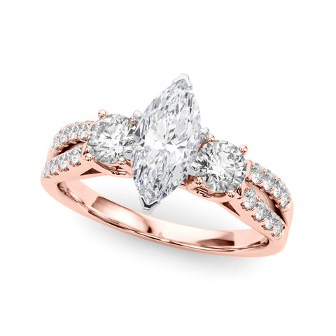 Rose gold Marquise Three-Stone Diamond Ring with Pavé Split Shank and Four-Prong Setting