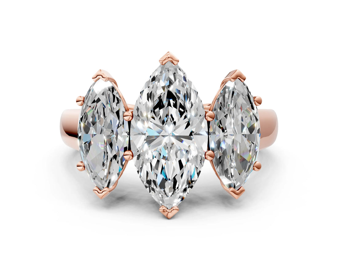 Rose gold Marquise Three-Stone Diamond Ring with Prong Setting on a Classic Band_15