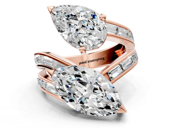 Rose gold Marquise and Pear Diamond Toi Moi Ring with Baguette Diamond Accents
