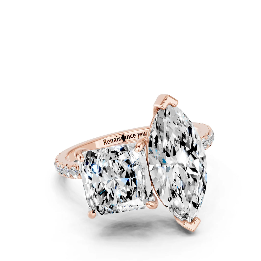 Rose gold Marquise and Princess Toi Moi Ring with Prong Setting and Pave Band