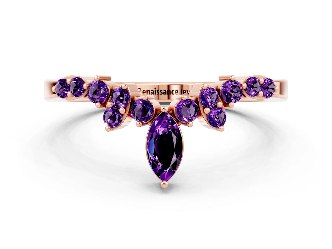 Rose gold Marquise and Round Amethyst Chevron Band with Prong Setting_6