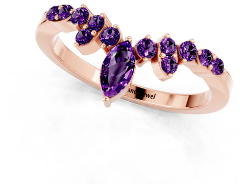 Rose gold Marquise and Round Amethyst Chevron Band with Prong Setting_7