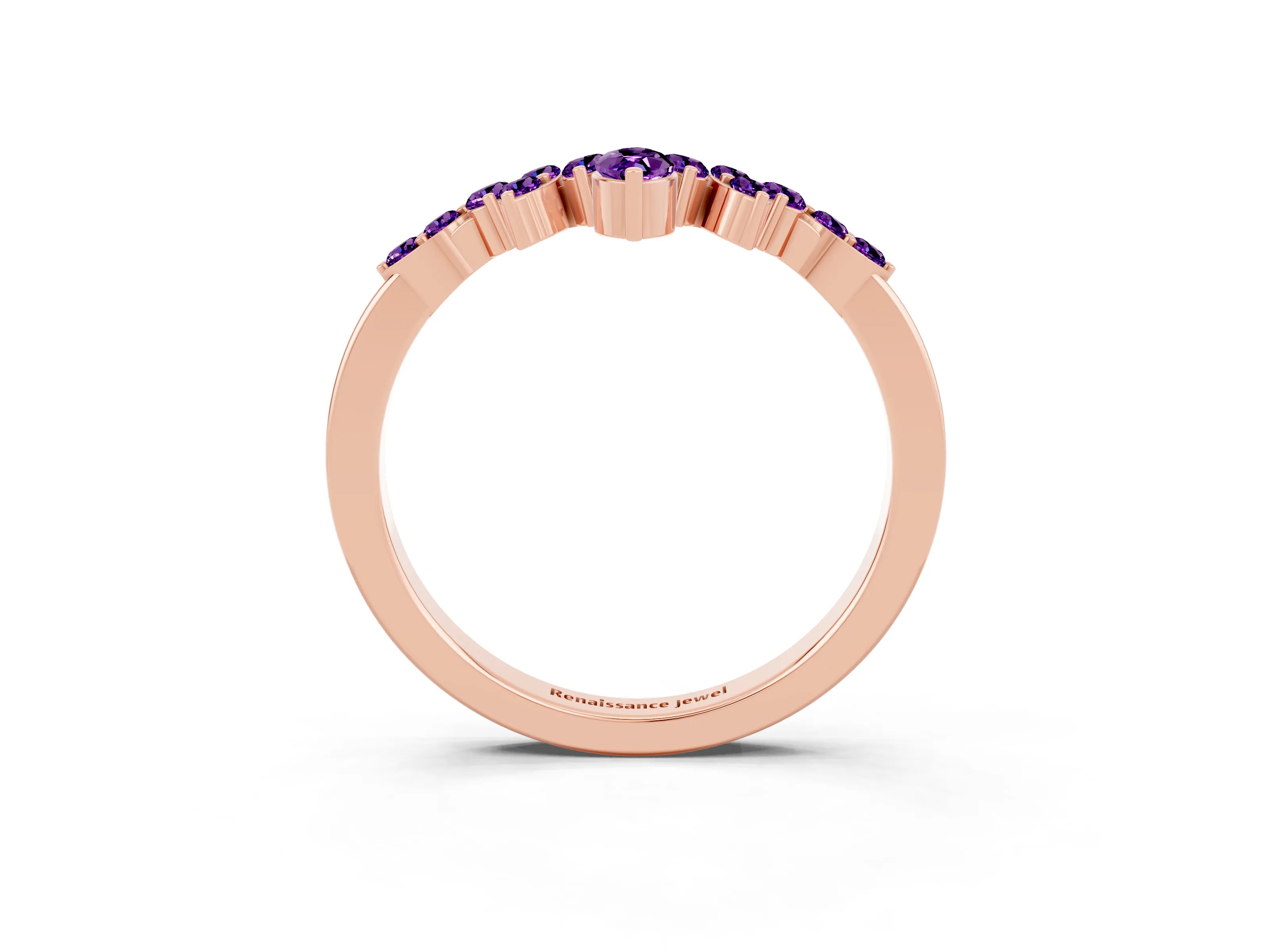Rose gold Marquise and Round Amethyst Chevron Band with Prong Setting_9