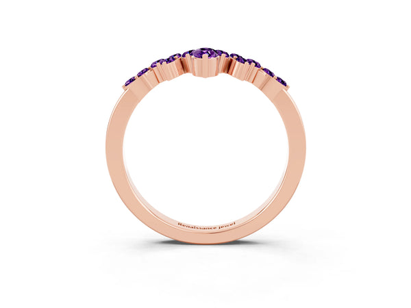 Rose Gold Marquise and Round Amethyst Chevron Curved Wedding Band