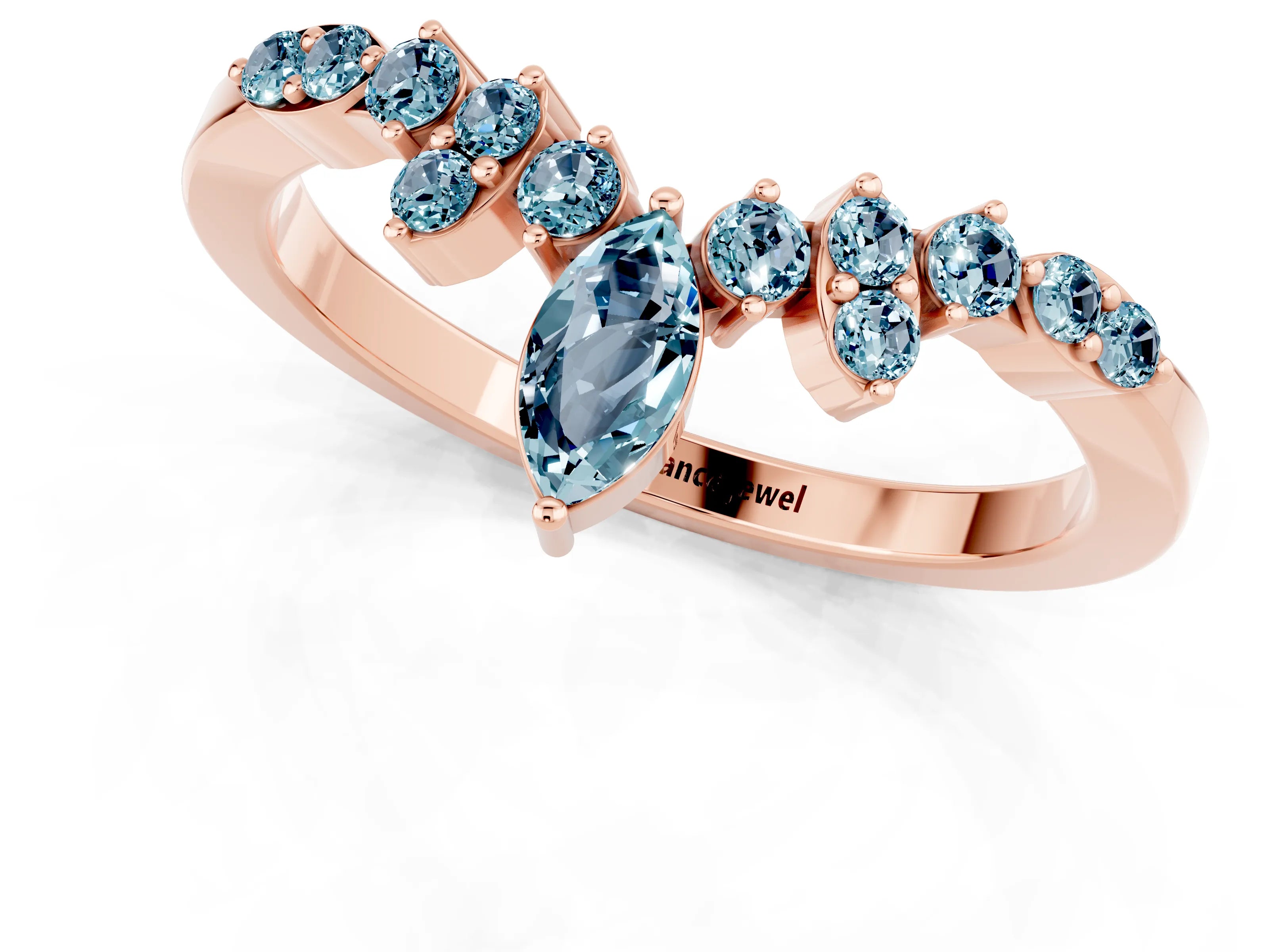 Rose gold Marquise and Round Aquamarine Chevron Band with Prong Setting_7
