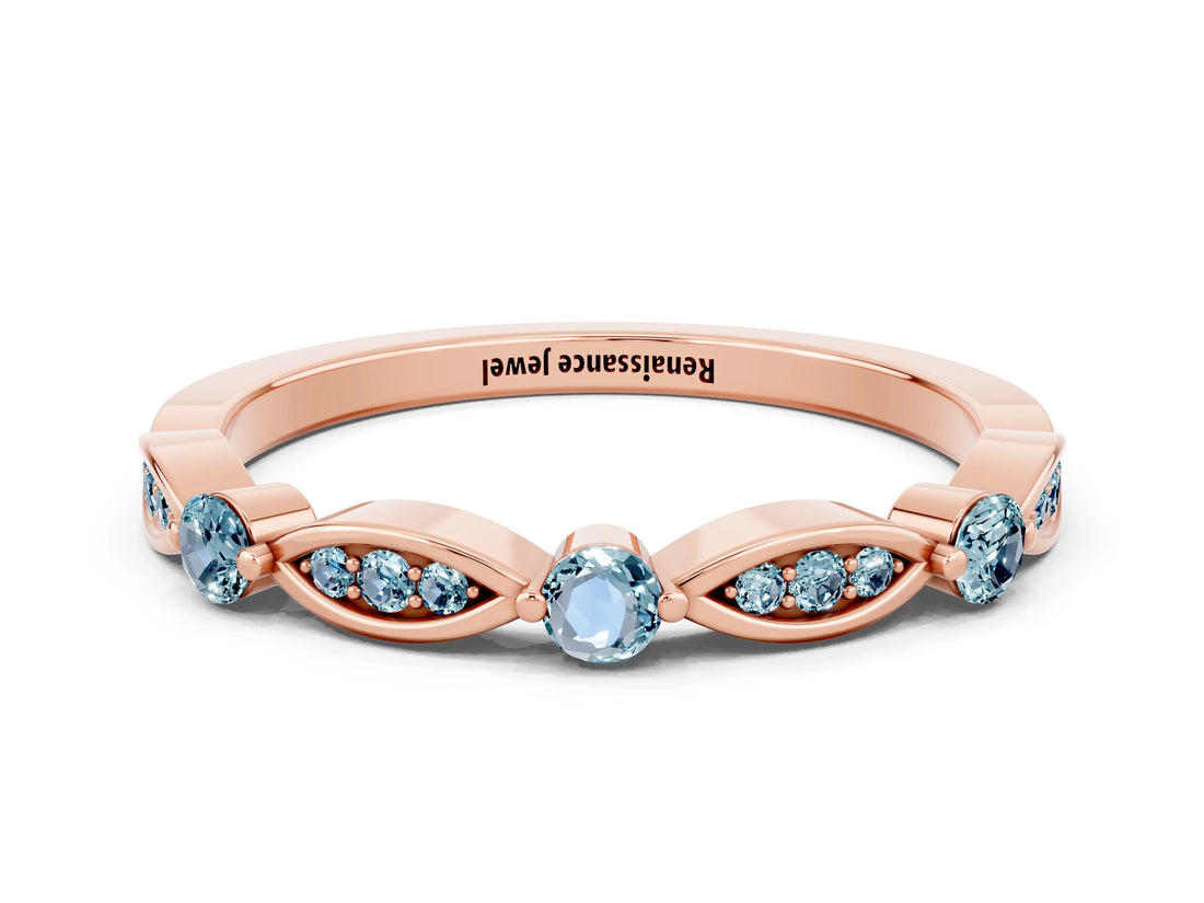 Rose gold Marquise and Round Aquamarine Milgrain Band with Bezel Setting_6