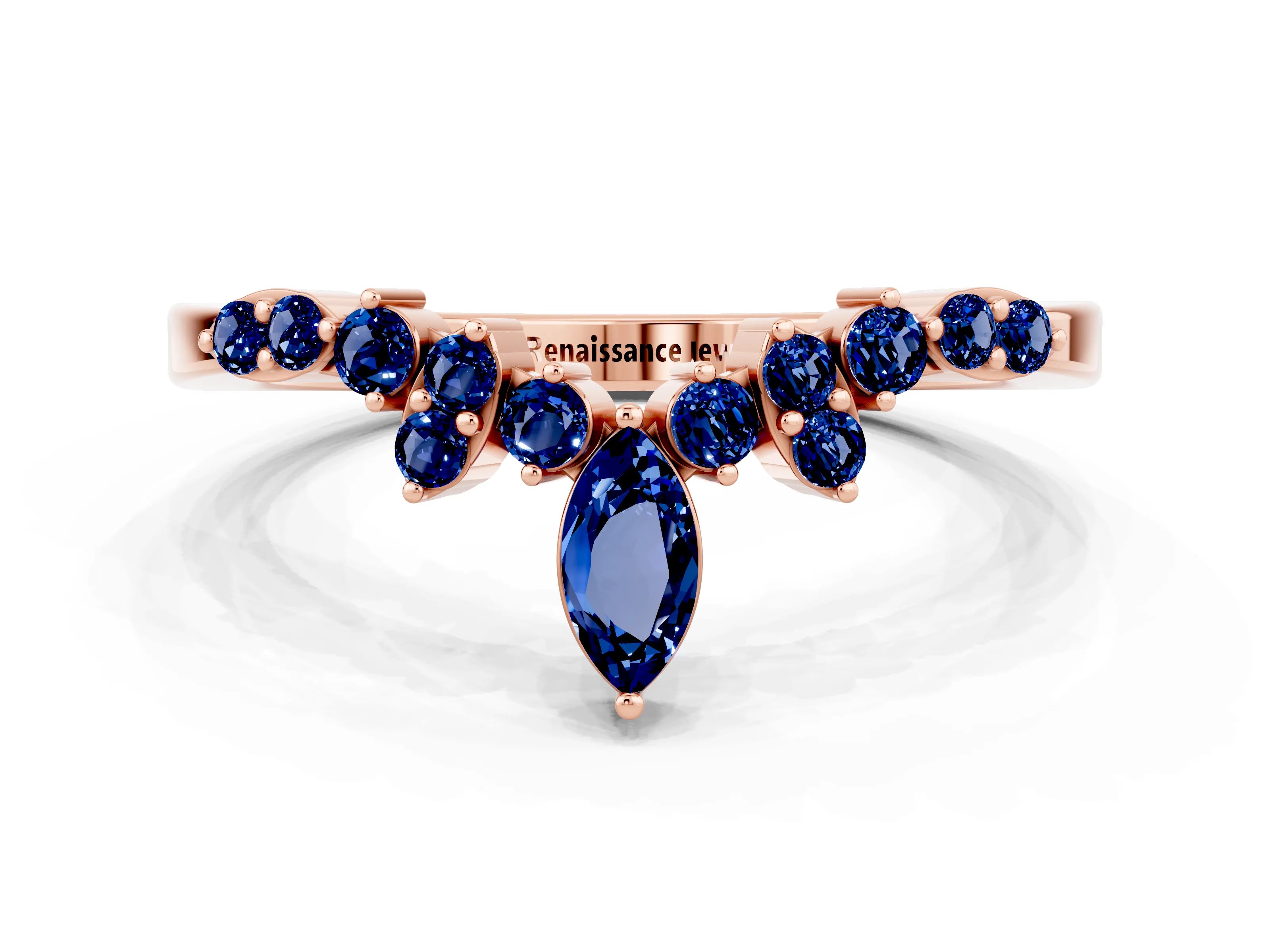 Rose gold Marquise and Round Blue Sapphire Chevron Band with Prong Setting_6