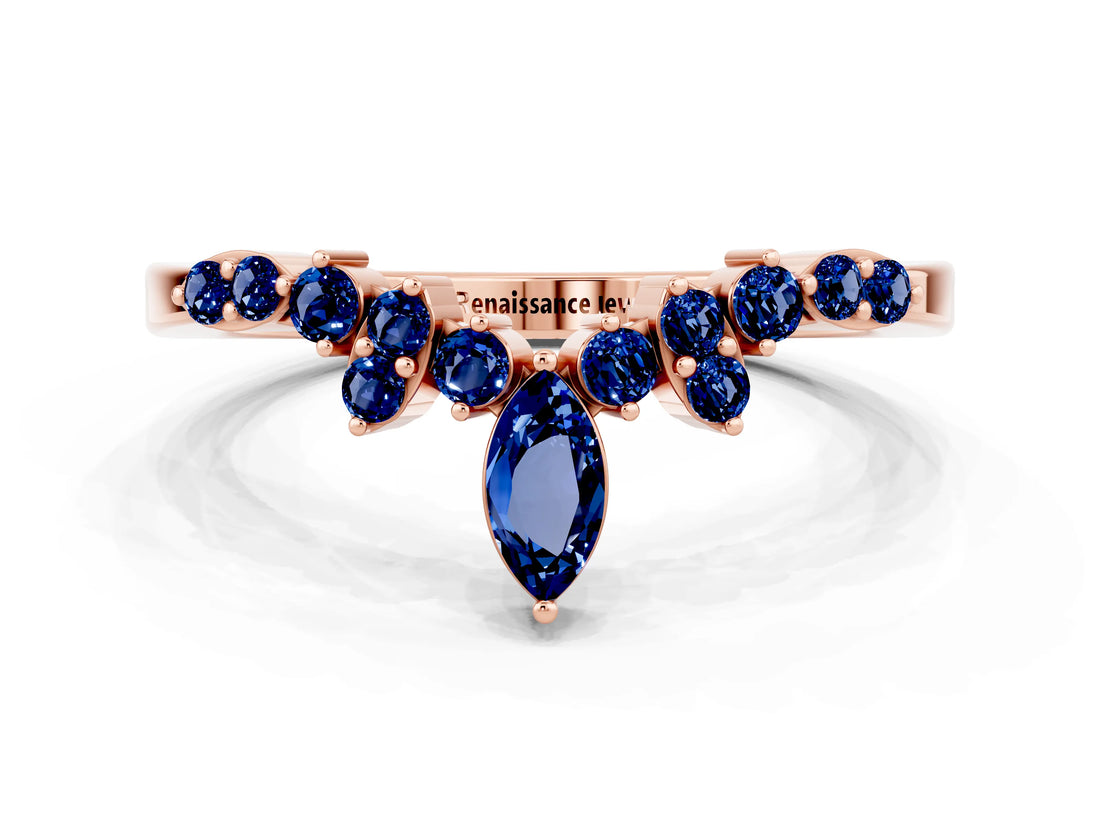 Rose gold Marquise and Round Blue Sapphire Chevron Band with Prong Setting_6