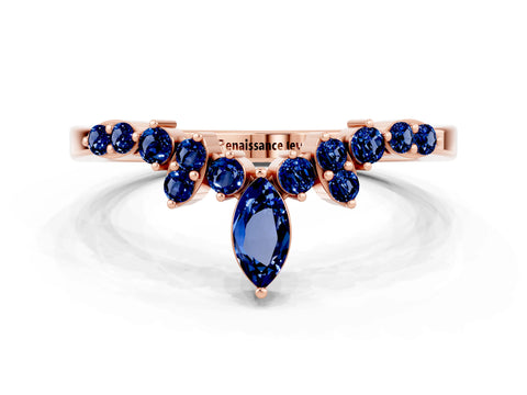 Rose gold Marquise and Round Blue Sapphire Chevron Band with Prong Setting_6