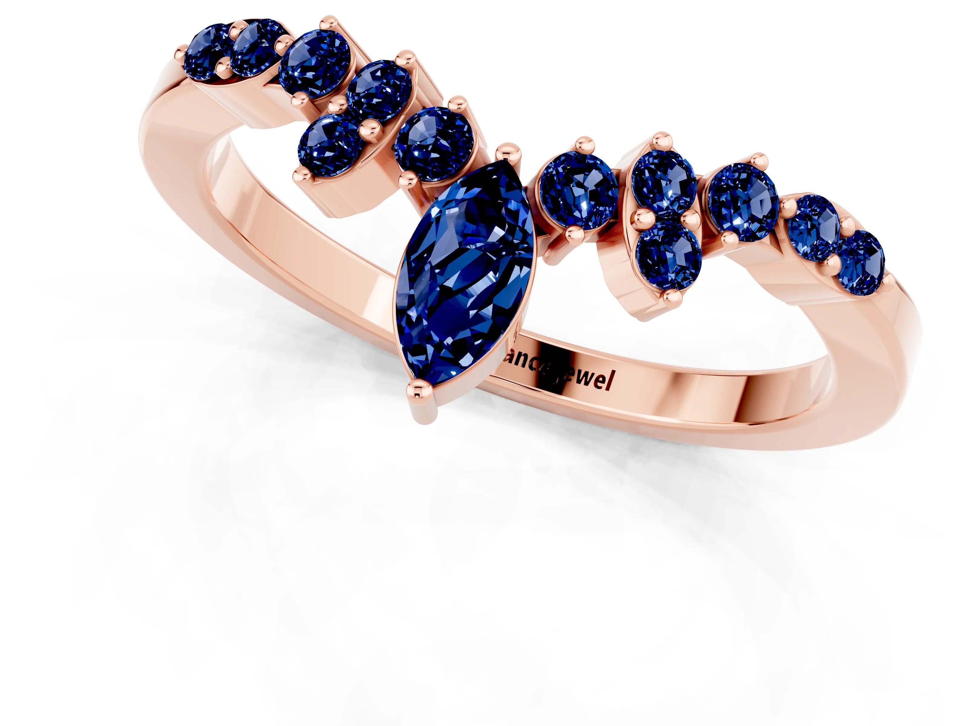 Rose gold Marquise and Round Blue Sapphire Chevron Band with Prong Setting_7