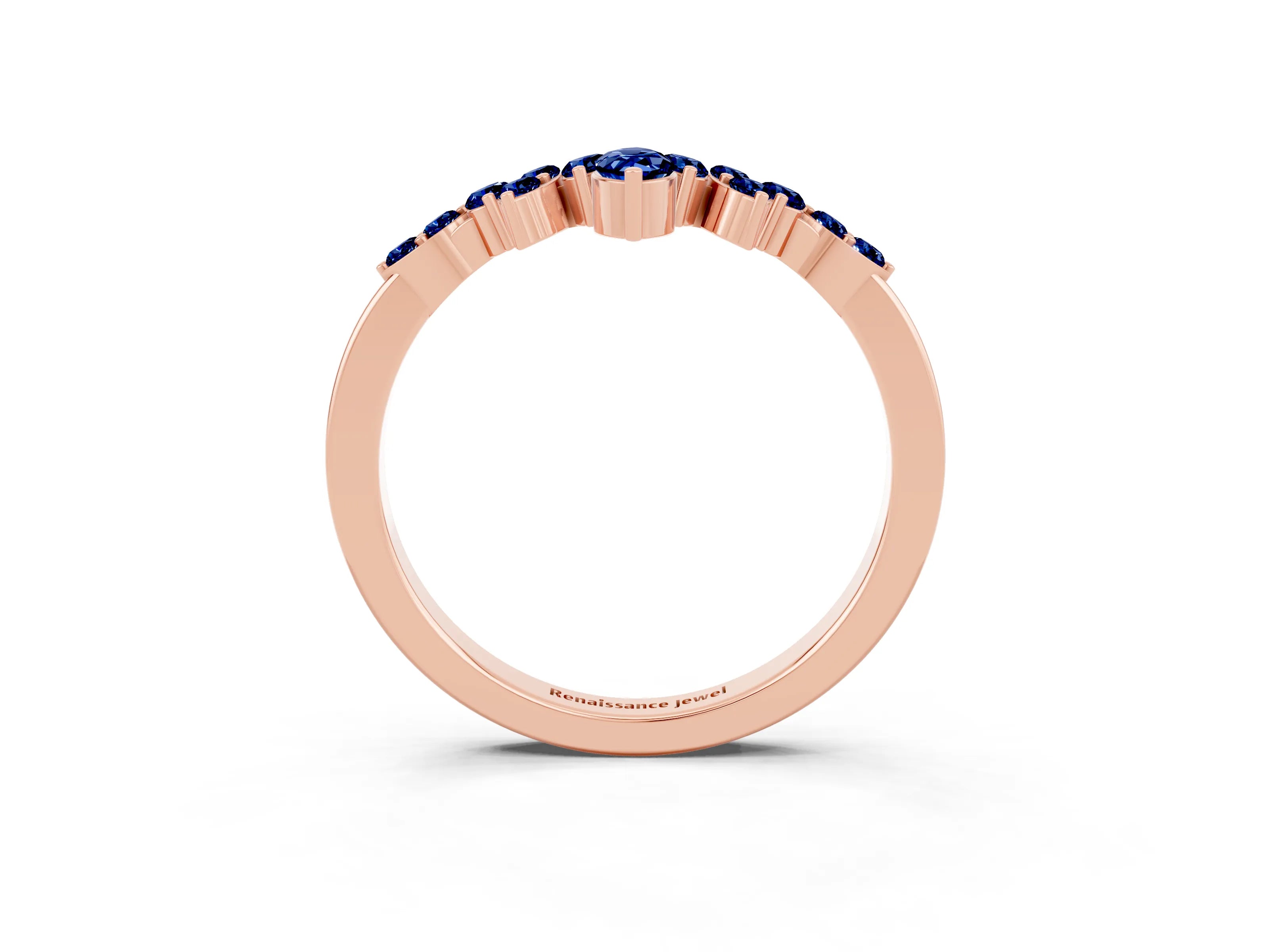 Rose gold Marquise and Round Blue Sapphire Chevron Band with Prong Setting_9