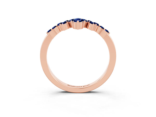 Rose Gold Marquise and Round Lab-Grown Blue Sapphire Chevron Curved Wedding Band