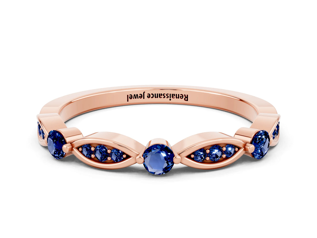 Rose gold Marquise and Round Blue Sapphire Milgrain Band with Bezel Setting_6
