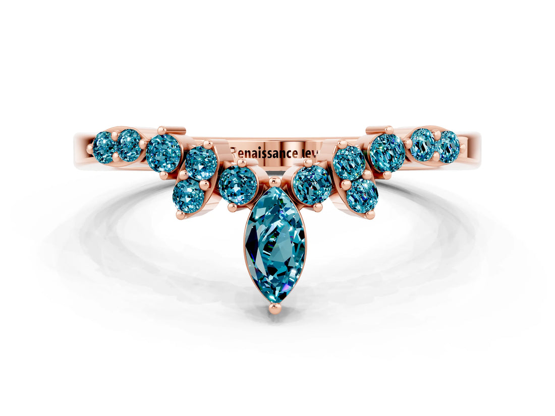 Rose gold Marquise and Round Blue Topaz Chevron Band with Prong Setting_6
