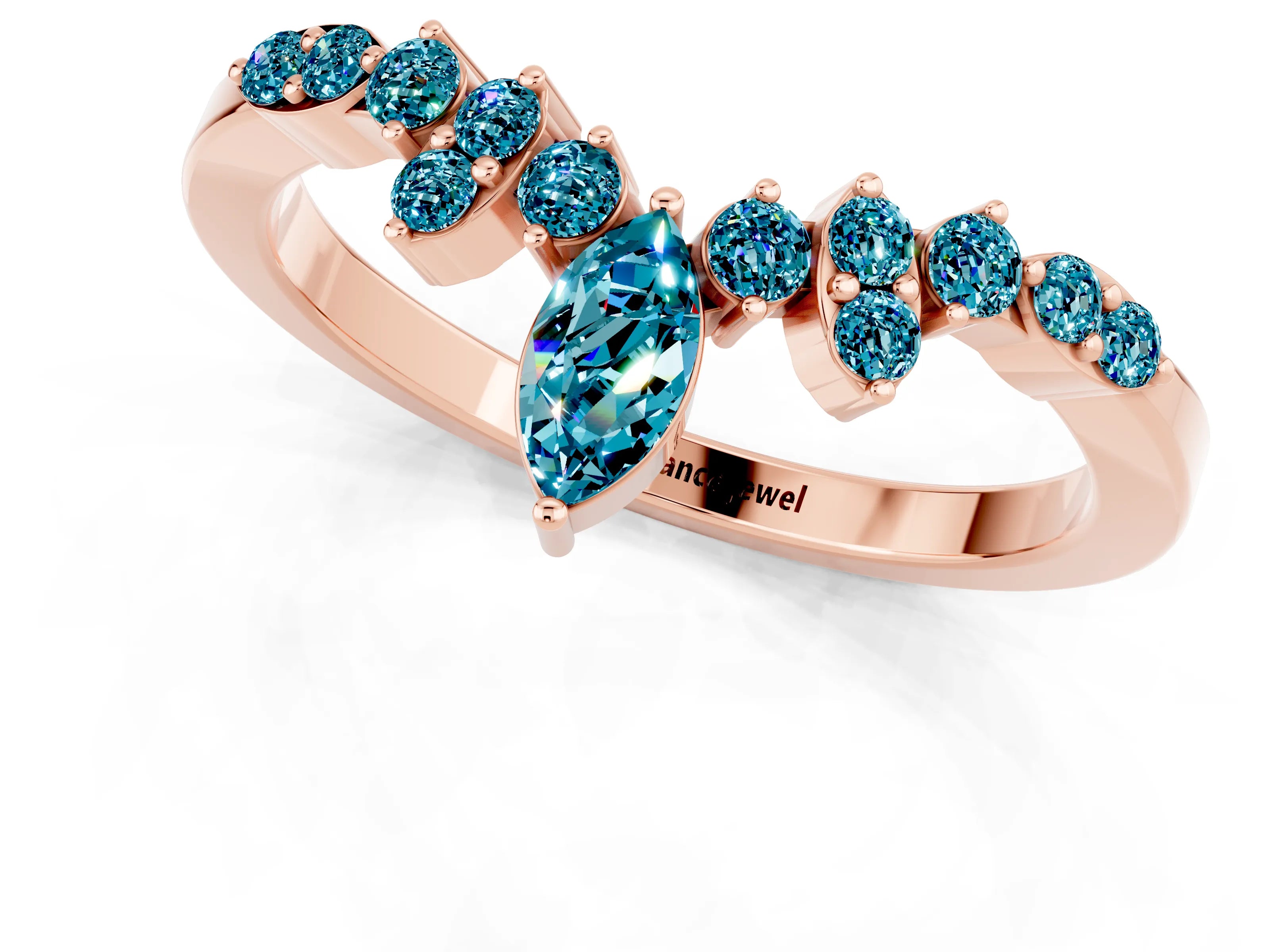 Rose gold Marquise and Round Blue Topaz Chevron Band with Prong Setting_7