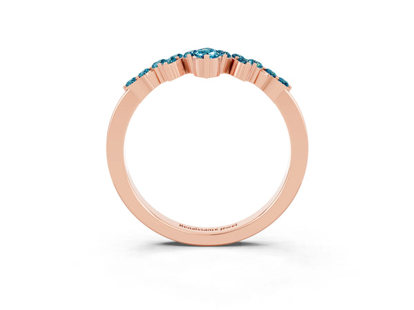 Rose Gold Marquise and Round Blue Topaz Chevron Curved Wedding Band