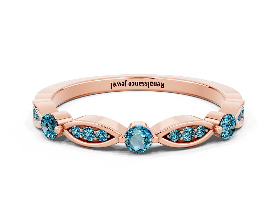 Rose gold Marquise and Round Blue Topaz Milgrain Band with Bezel Setting_6
