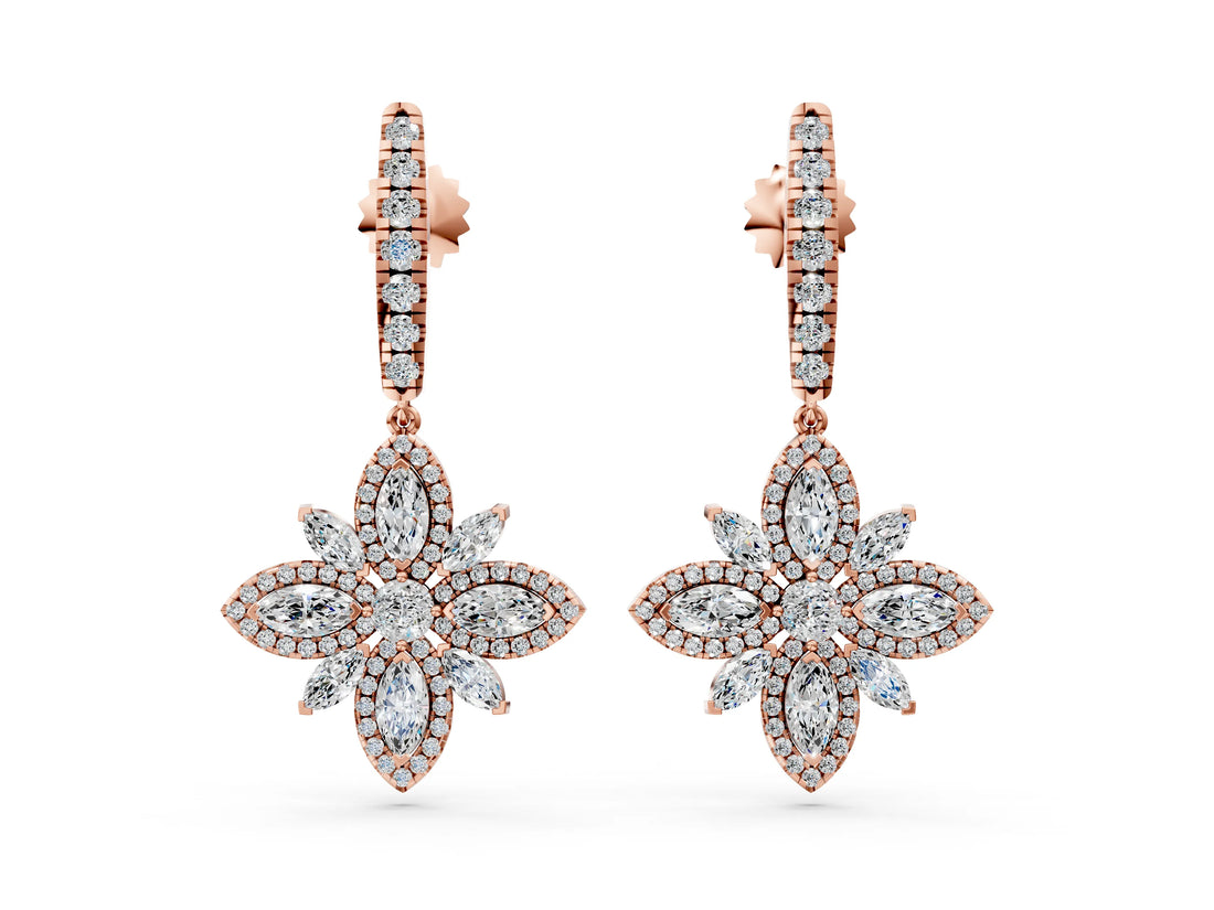 Rose gold Marquise and Round Diamond Floral Huggie Drop Earrings_4