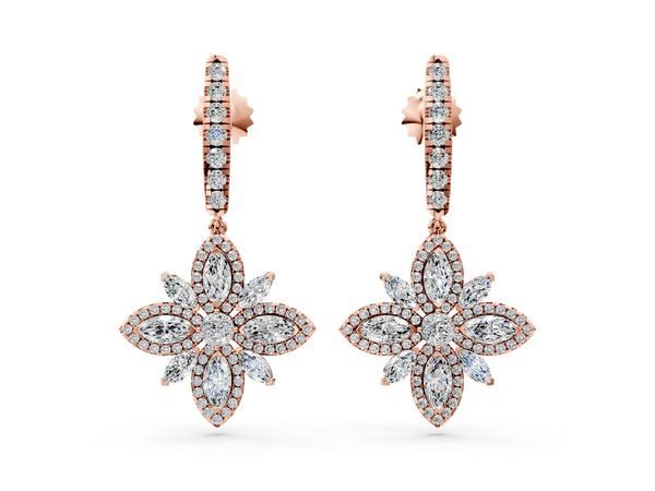 Rose gold Marquise and Round Diamond Floral Huggie Drop Earrings
