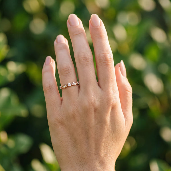 Rose gold Marquise and Round Diamond Milgrain Band with Bezel Setting