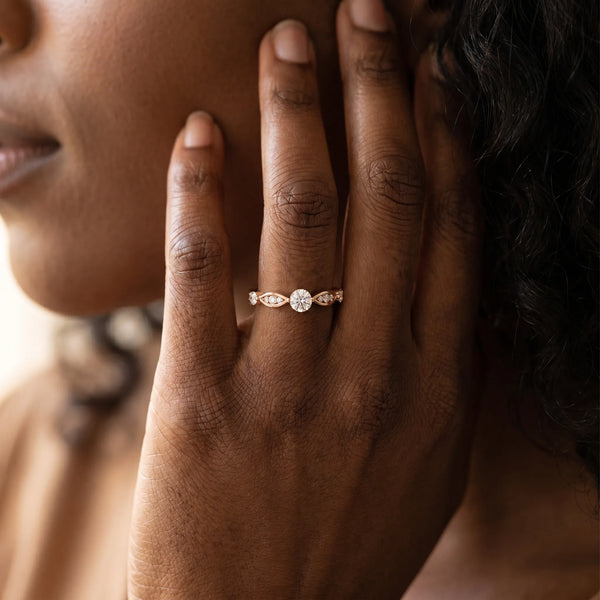 Rose gold Marquise and Round Diamond Milgrain Band with Bezel Setting