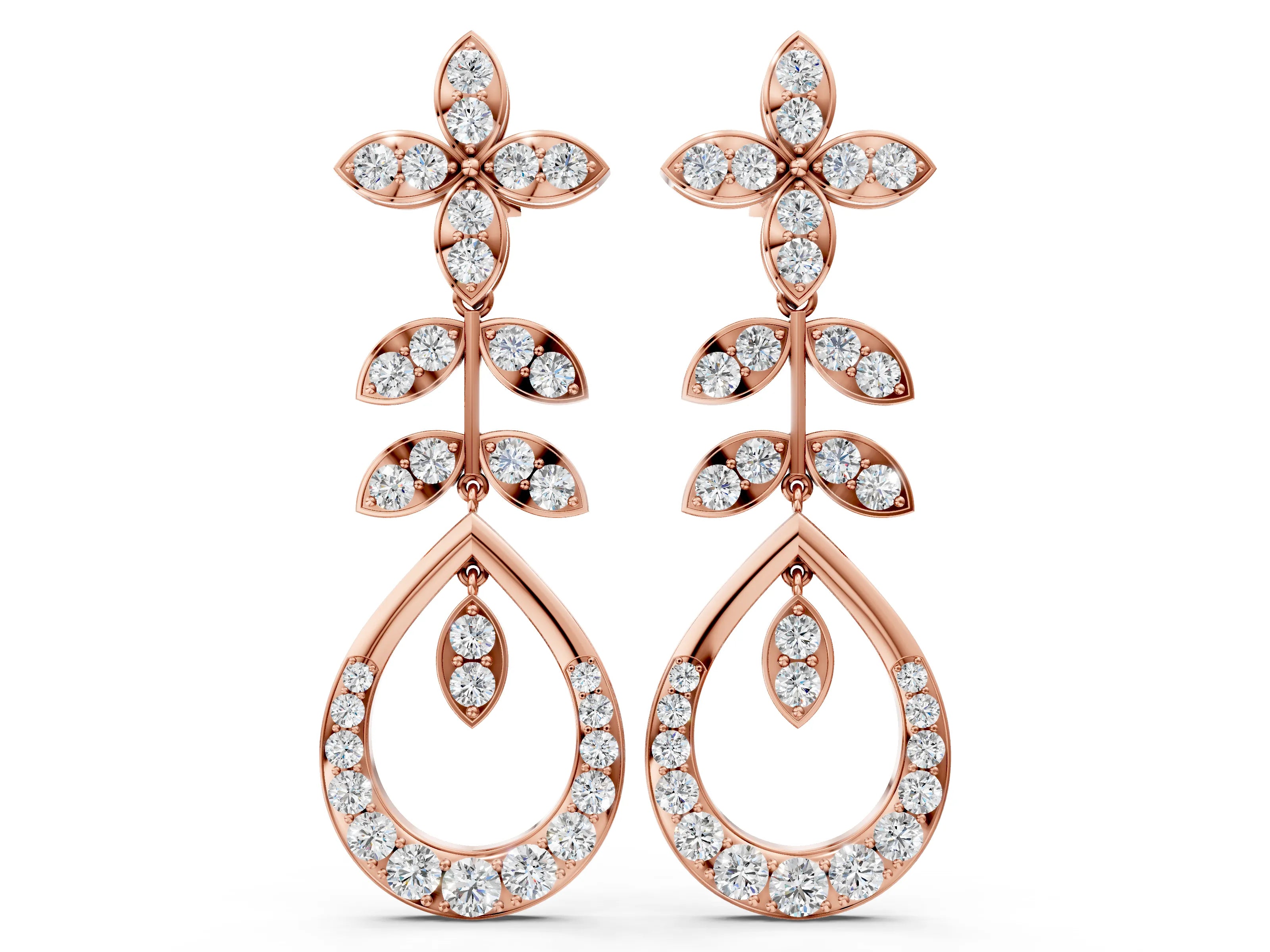 Rose gold Marquise and Round Diamond Sparkling Dewdrop Drop Earrings