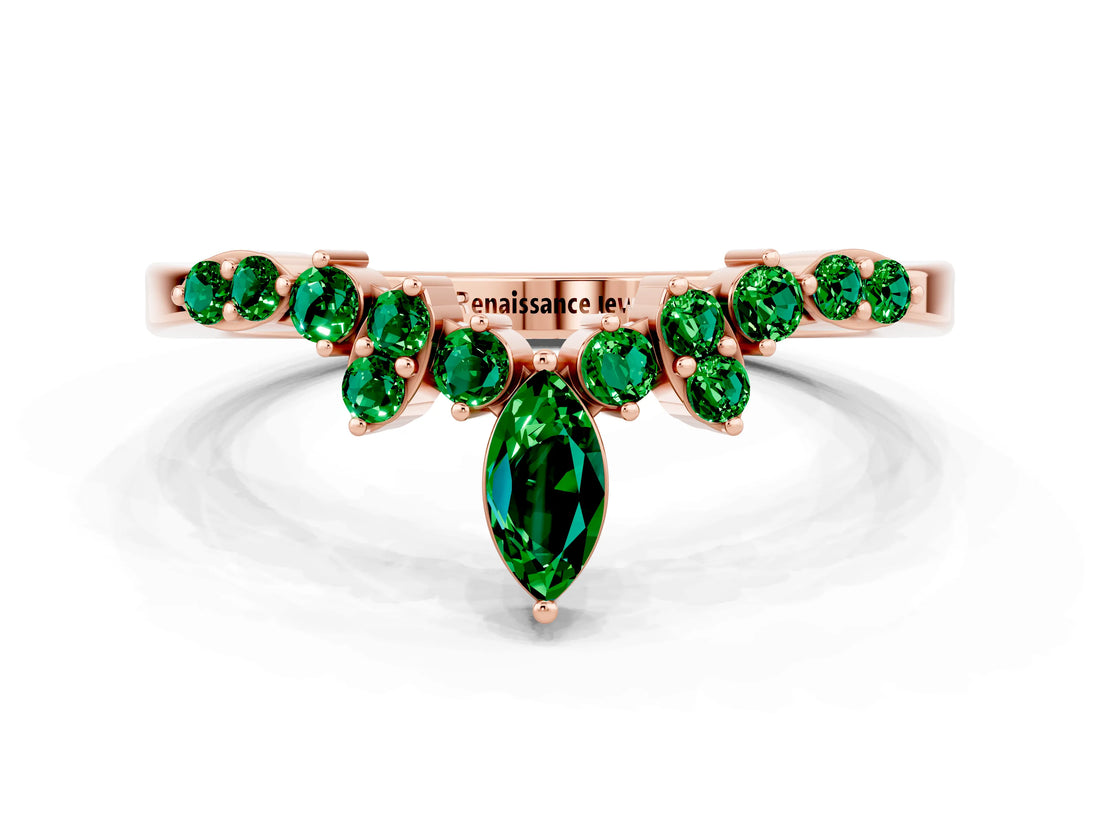 Rose gold Marquise and Round Emerald Chevron Band with Prong Setting_6