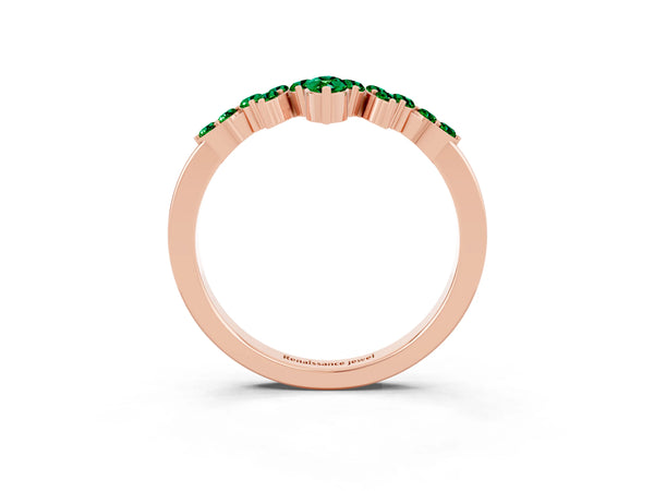 Rose Gold Marquise and Round Lab-Grown Emerald Chevron Curved Wedding Band