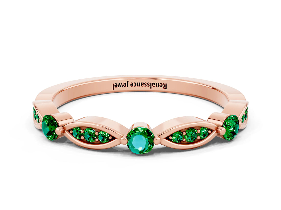 Rose gold Marquise and Round Emerald Milgrain Band with Bezel Setting_6
