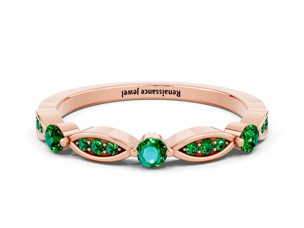 Rose Gold Round Lab-Grown Emerald Alternating Wedding Band with Marquise Frames