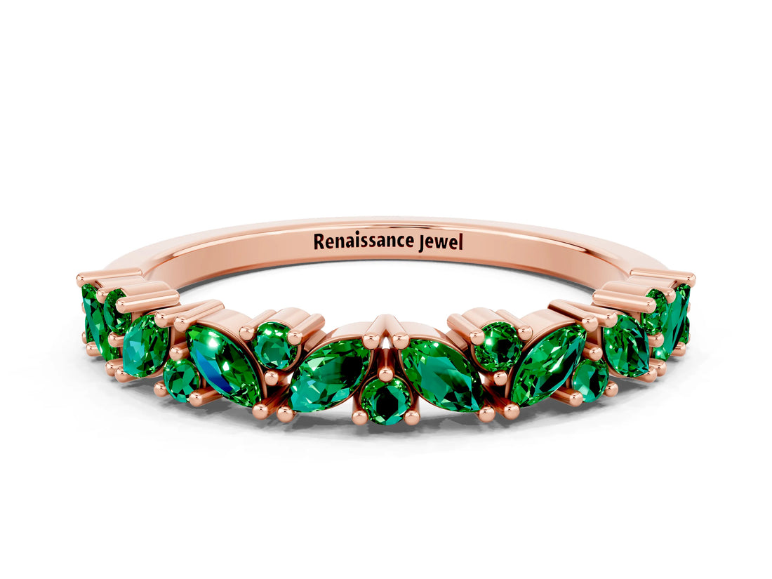 Rose gold Marquise and Round Emerald Vine Eternity Band with Prong Setting_6