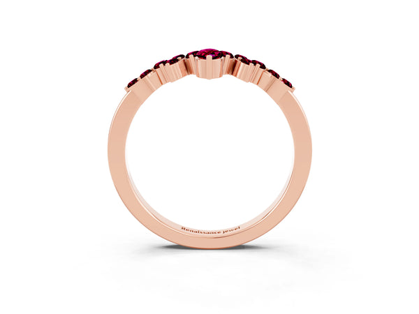 Rose Gold Marquise and Round Garnet Chevron Curved Wedding Band
