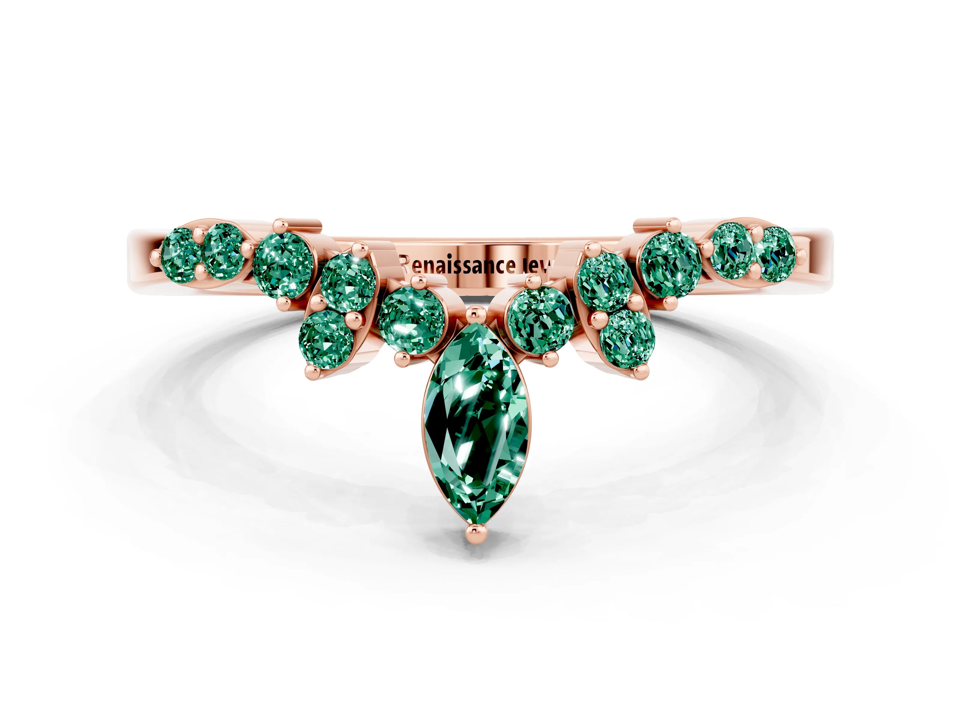 Rose gold Marquise and Round Green Sapphire Chevron Band with Prong Setting_6