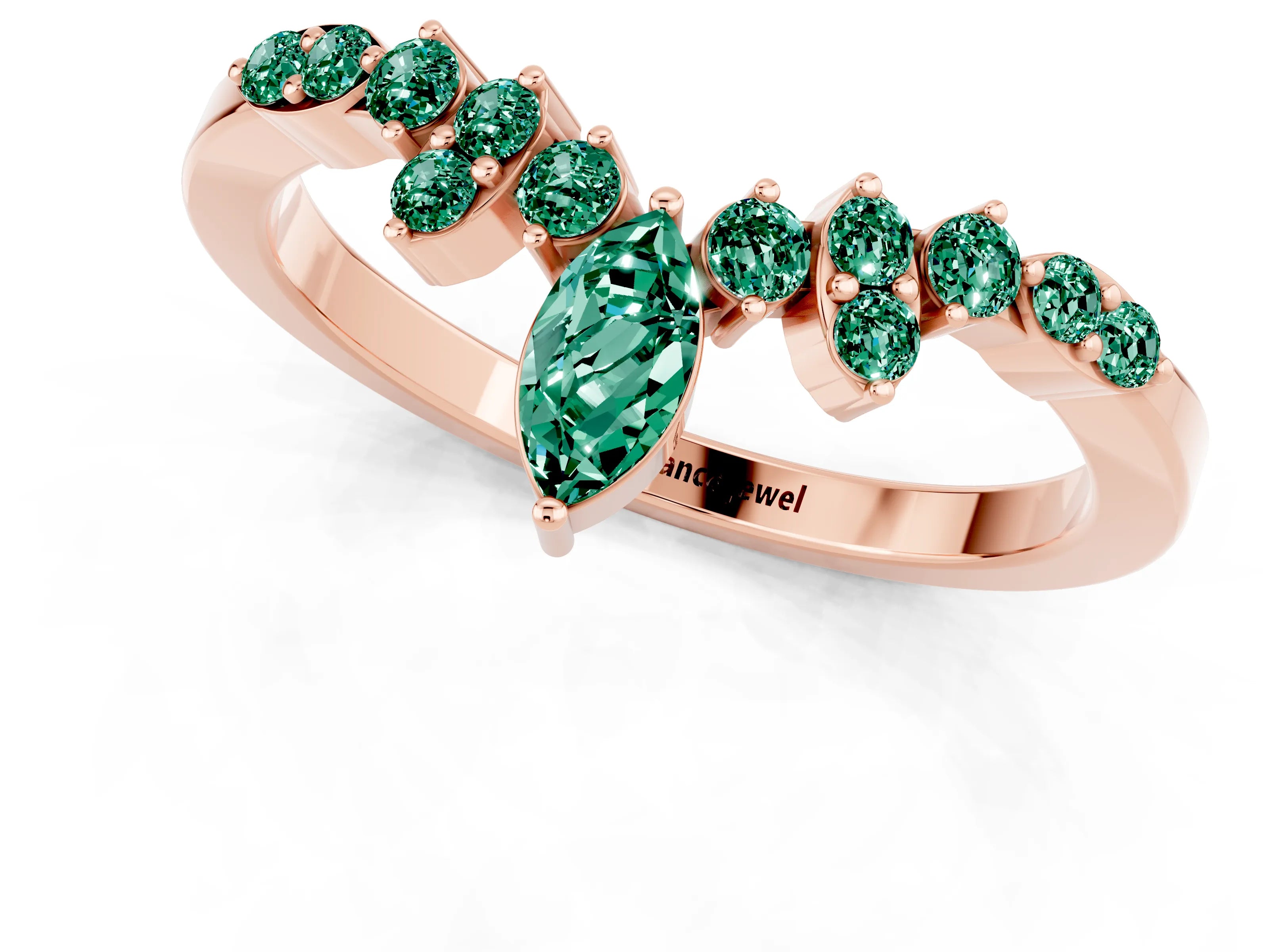 Rose gold Marquise and Round Green Sapphire Chevron Band with Prong Setting_7