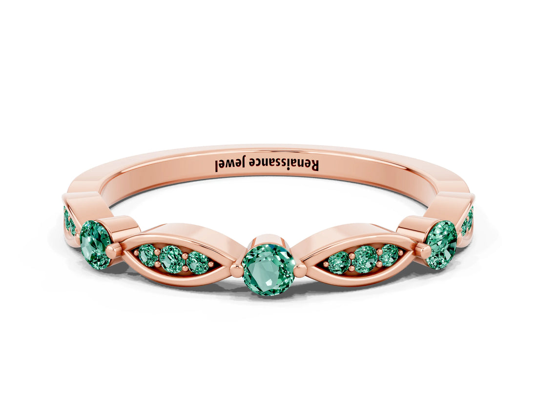 Rose gold Marquise and Round Green Sapphire Milgrain Band with Bezel Setting_6