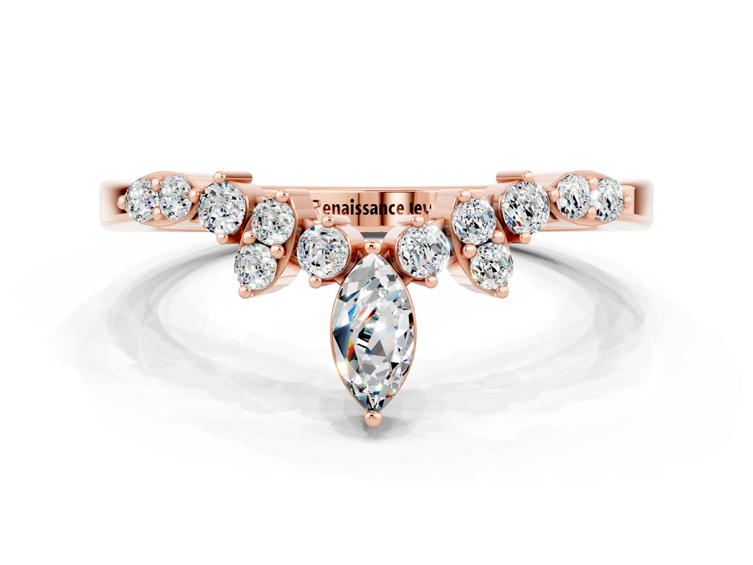 Rose gold Marquise and Round Moissanite Chevron Band with Prong Setting_6