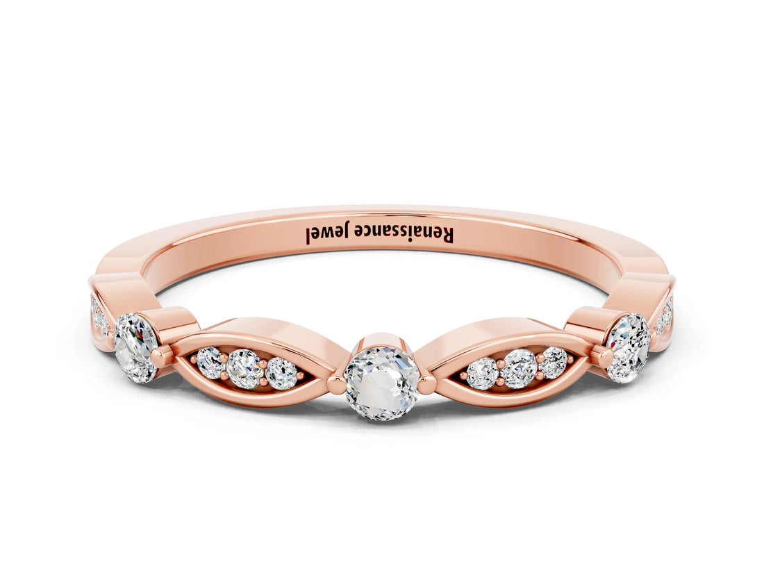 Rose gold Marquise and Round Moissanite Milgrain Band with Bezel Setting_6