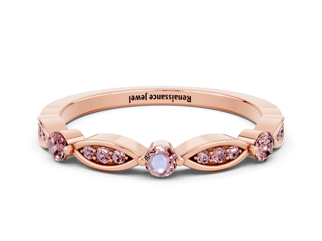 Rose gold Marquise and Round Morganite Milgrain Band with Bezel Setting_6