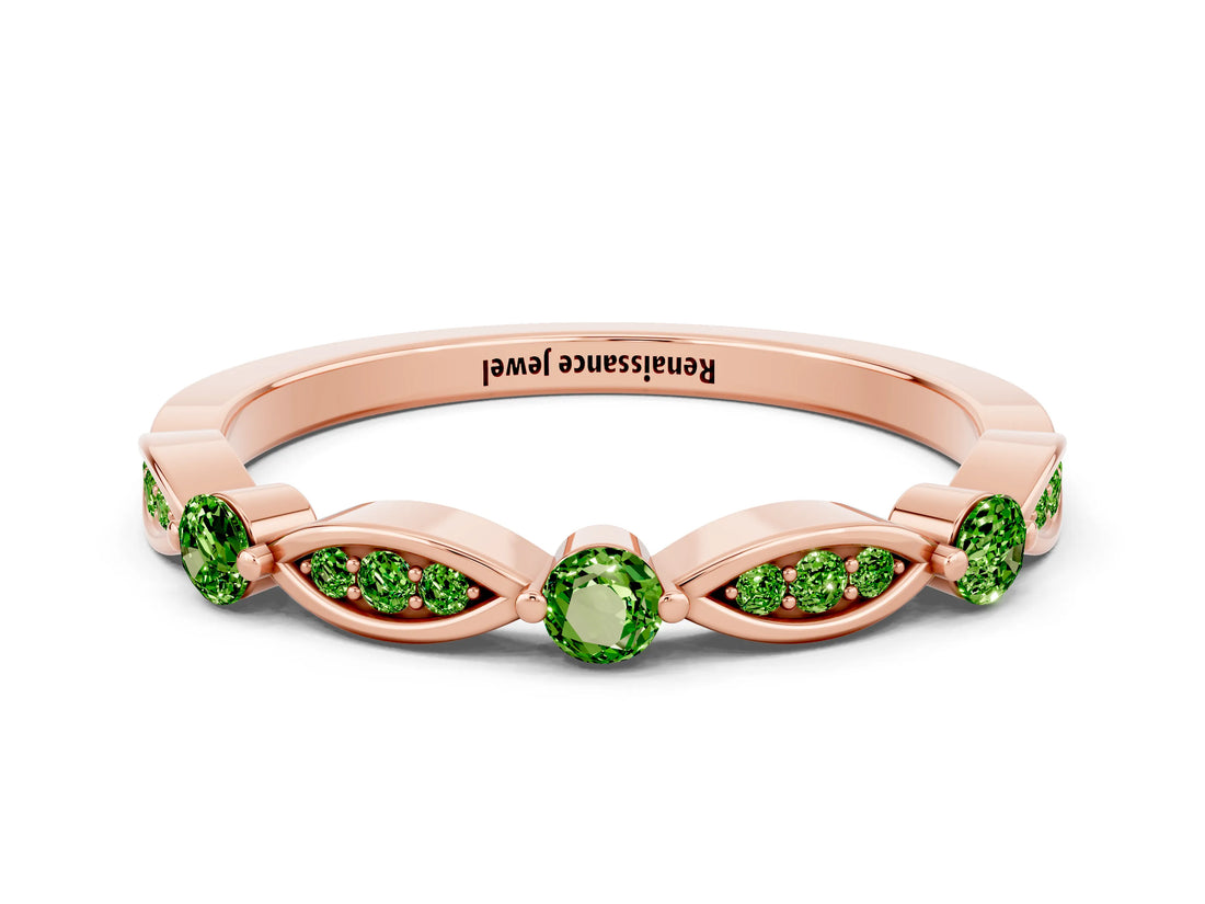 Rose gold Marquise and Round Peridot Milgrain Band with Bezel Setting_6