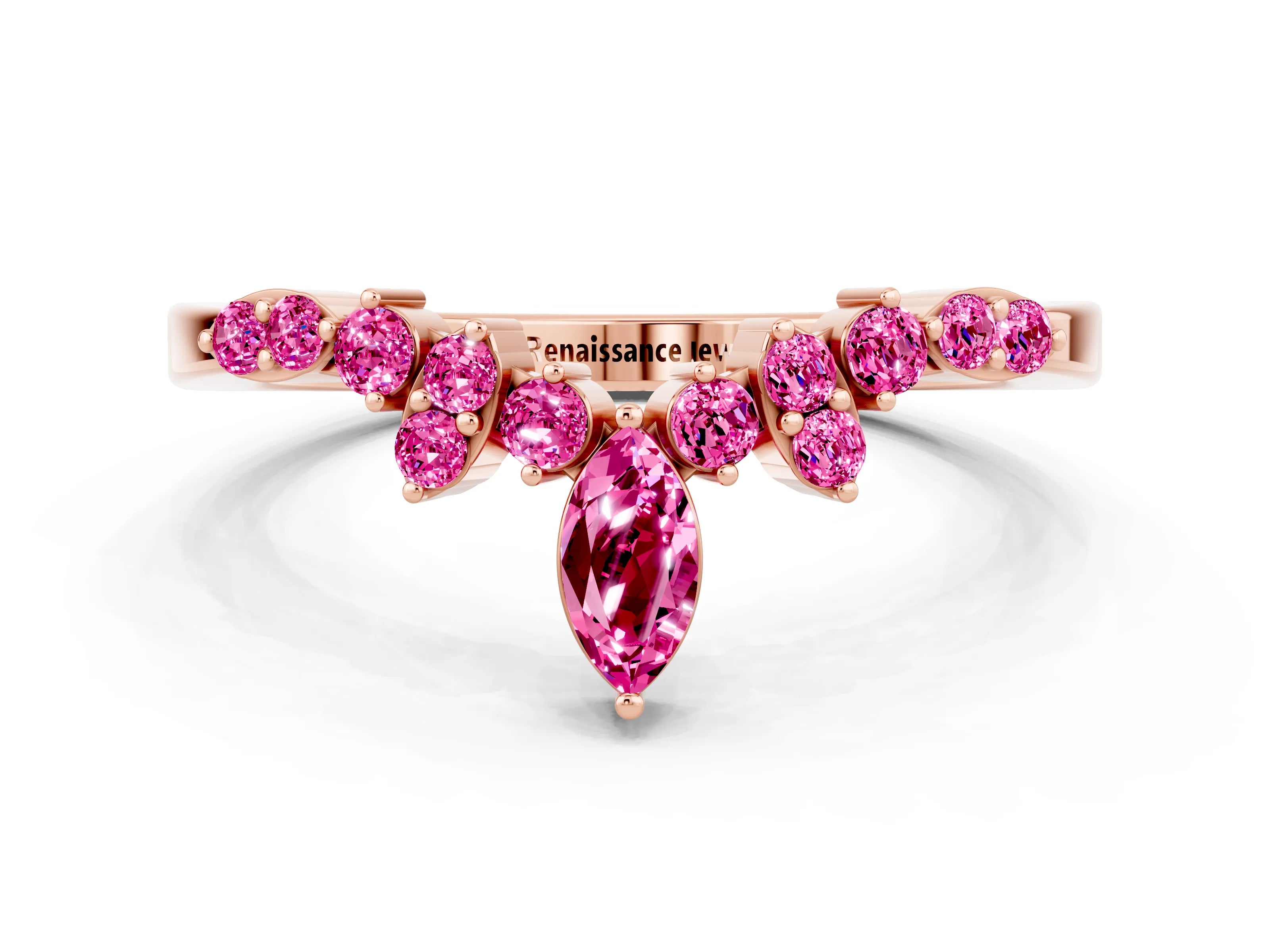 Rose gold Marquise and Round Pink Sapphire Chevron Band with Prong Setting_18