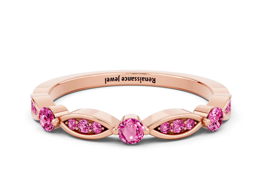 Rose gold Marquise and Round Pink Sapphire Milgrain Band with Bezel Setting_6