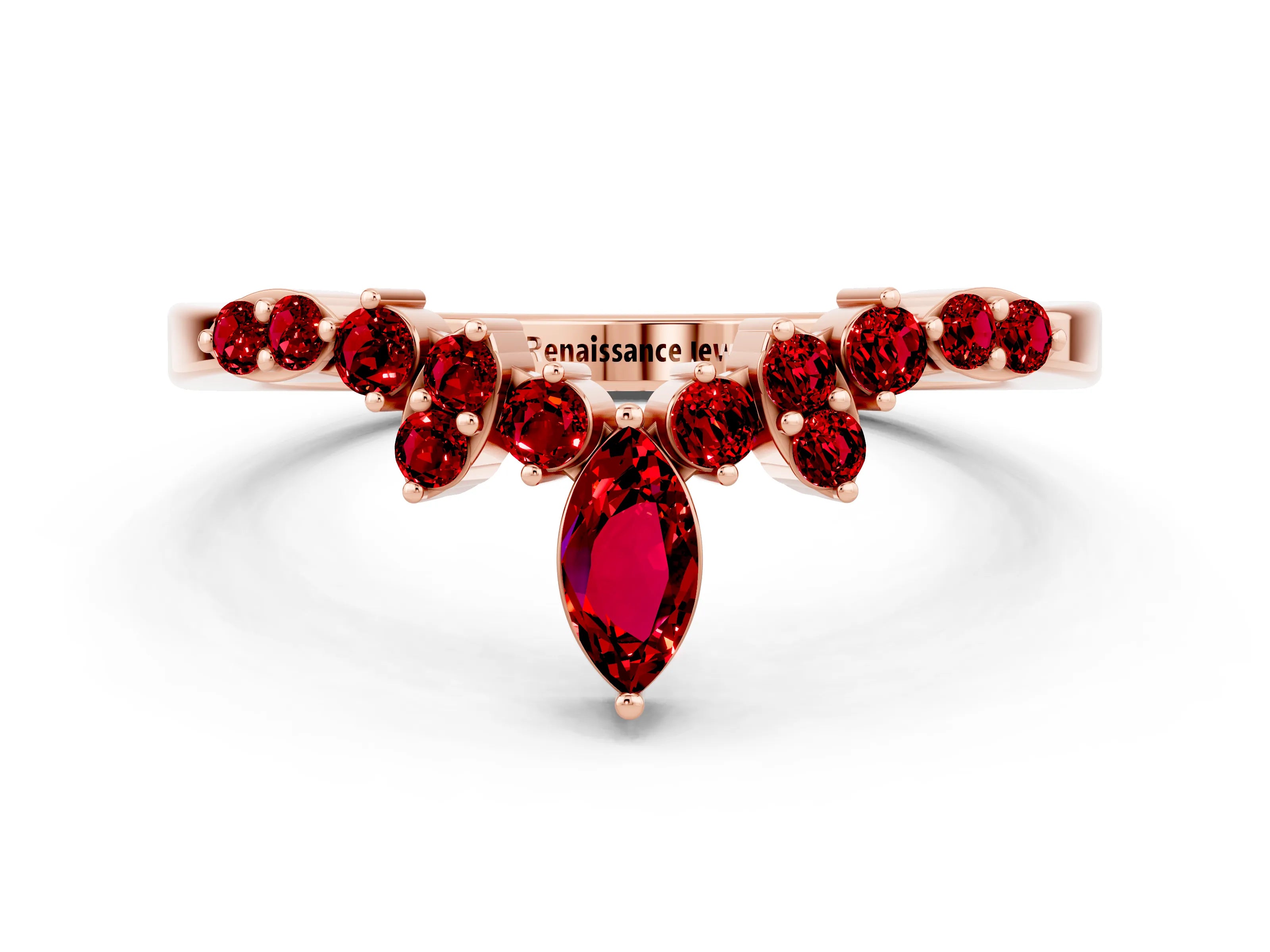 Rose gold Marquise and Round Ruby Chevron Band with Prong Setting_6