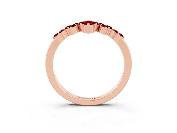 Rose Gold Marquise and Round Lab-Grown Ruby Chevron Curved Wedding Band
