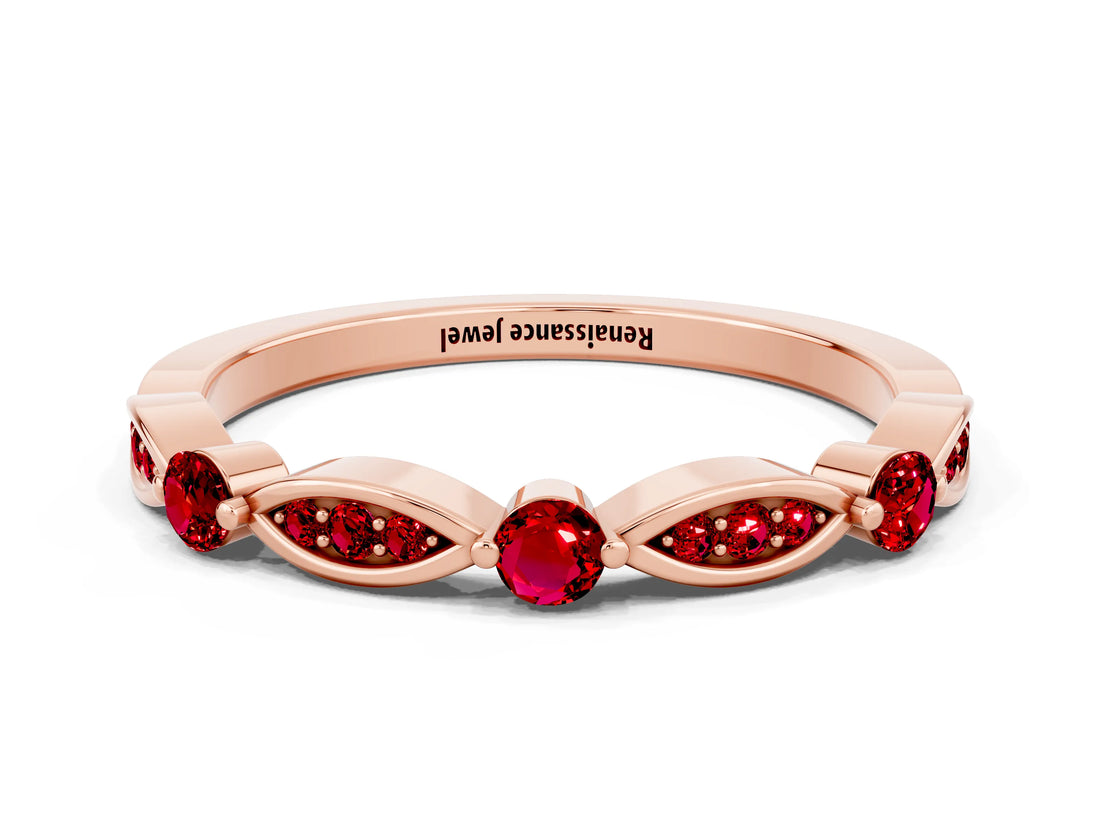 Rose gold Marquise and Round Ruby Milgrain Band with Bezel Setting_6