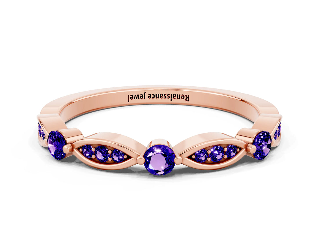 Rose gold Marquise and Round Tanzanite Milgrain Band with Bezel Setting_6